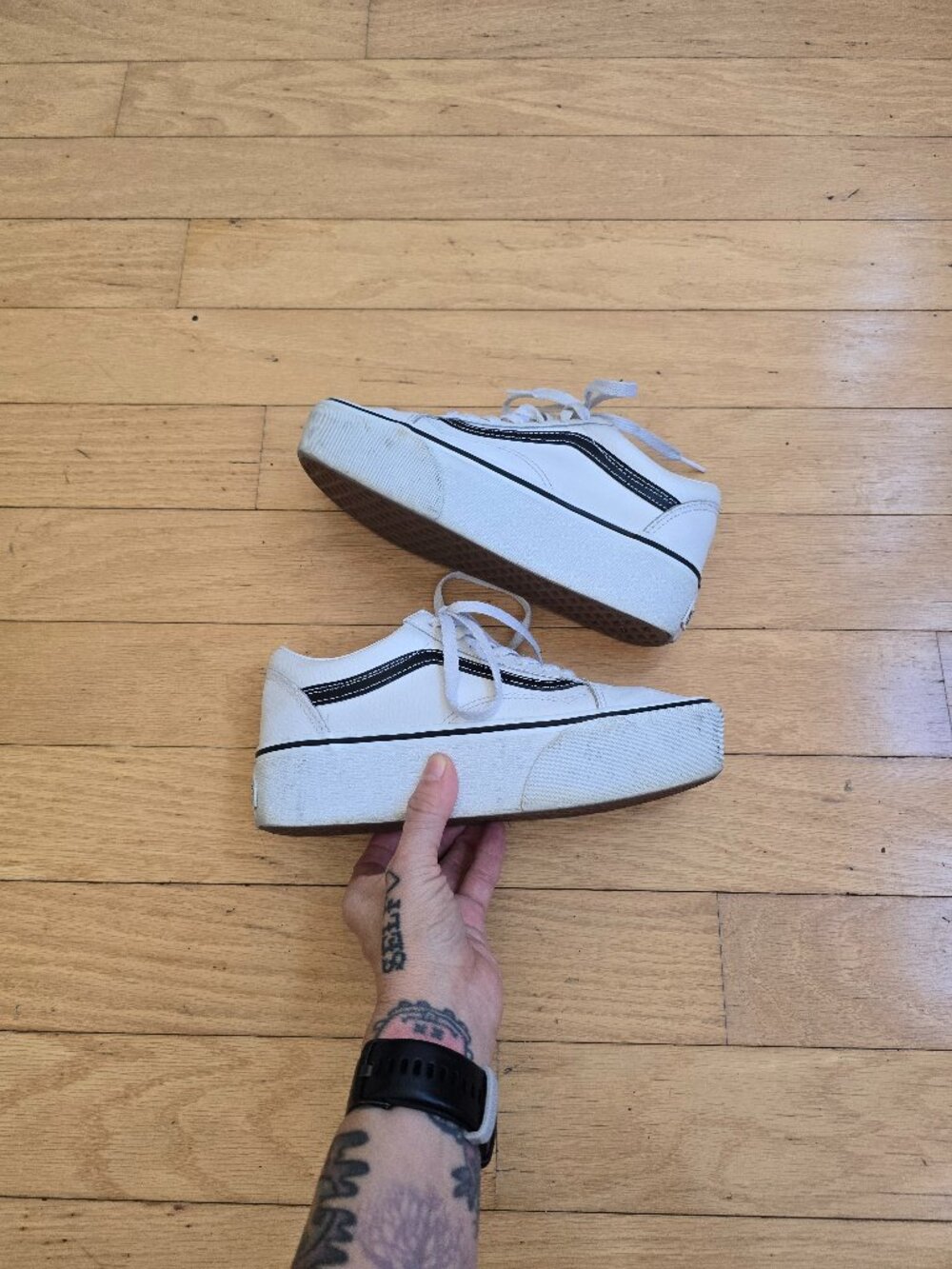 Vans Old Skool Stackform Leather White Black Stripe Platform Sneakers | WMS 6.5